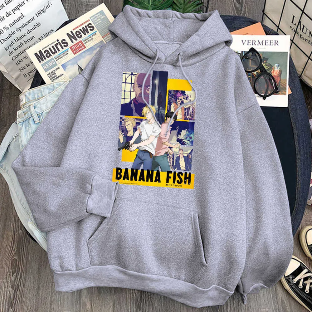 Banana Fish Character Print Man Hoodie Harajuku Loose Pocket Hooded Streetwear Mens Vintage Cartoons Hoody Anime Punk Hoodies H0909