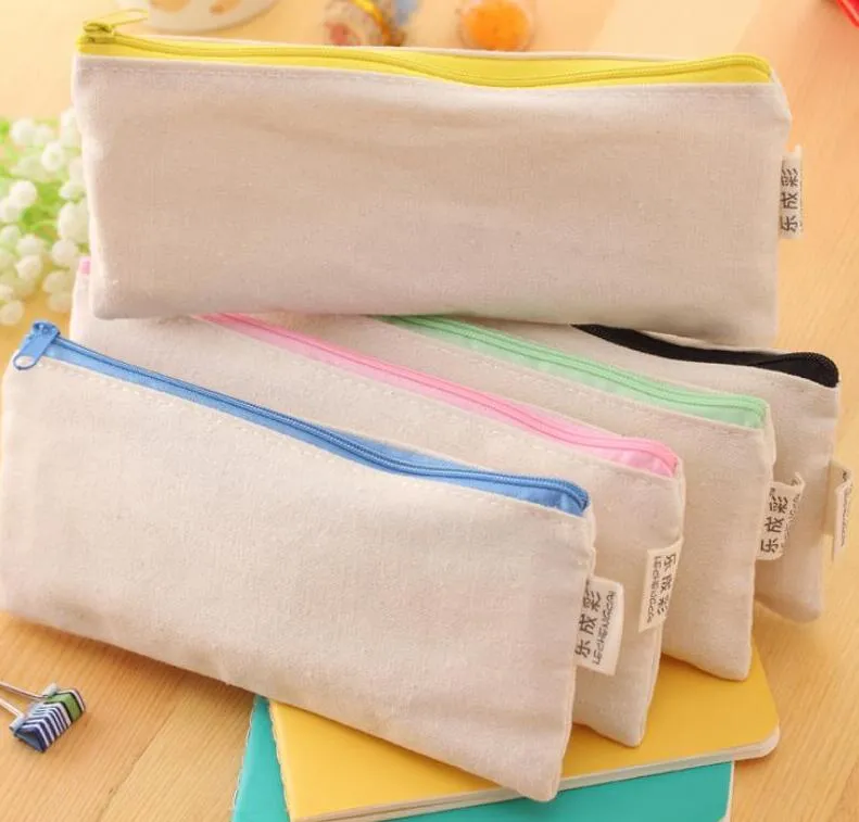 Zipper Pencil Pen Bag White Canvas Blank Plain Stationery Cases Clutch Organizer Bags Gift Storage Pouch