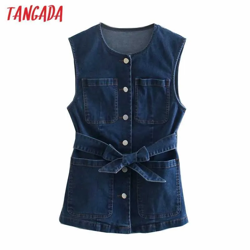 Tangada женщины мода синий джинсовый жилет с ссудой без рукавов женский жилет шикарный 3P15 210609