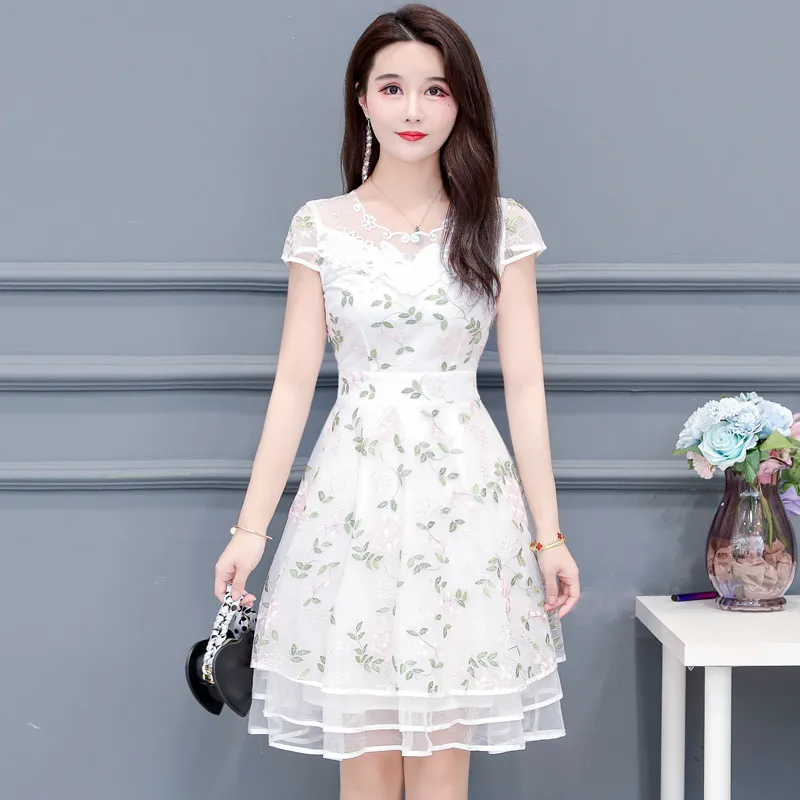 Medium-length Summer Lace Dress Womens Mesh Chiffon Plus Size White Black es Woman Party Night 175H 210420