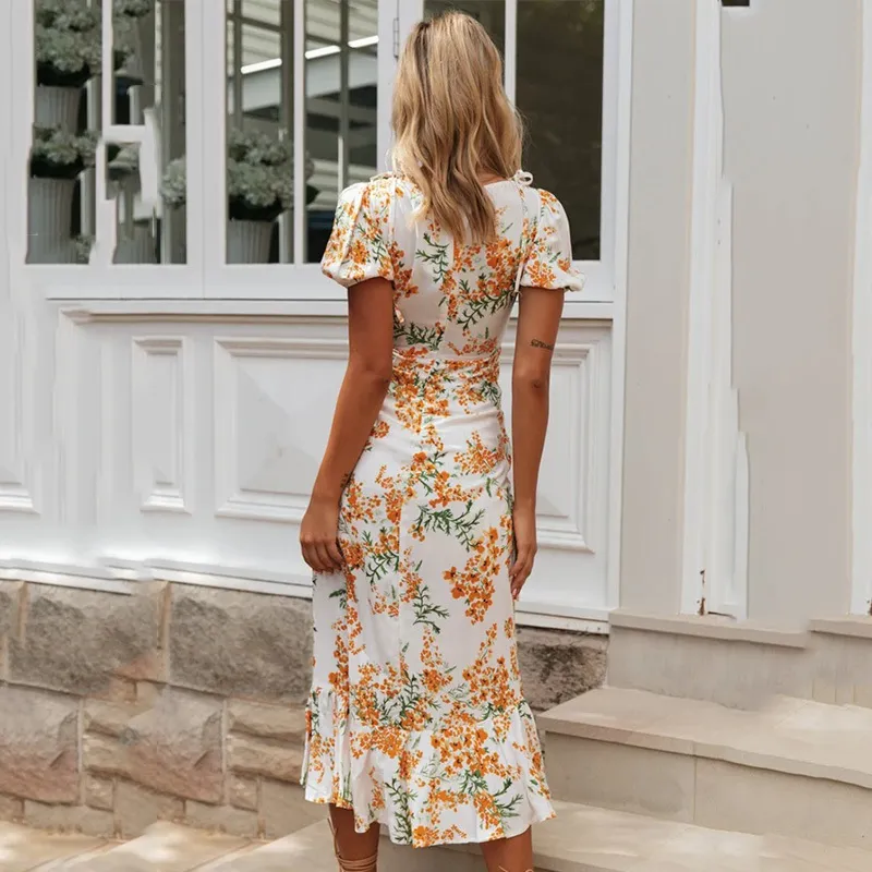 Women's Summer Floral Silk Midi Dress - Boho V-Neck Bodycon Sundress, Korean Style
