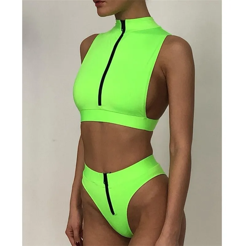 Bikini a vita alta Mujer Costume da bagno verde neon Collo femminile Costumi da bagno Donna Cerniera Crop Top Costume da bagno sexy Bagnanti 210520