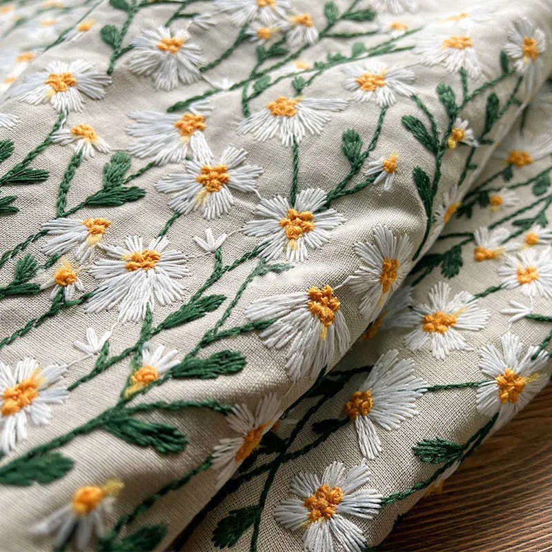 Kwaliteit katoen en linnen stof Drie dimensionale borduurwerk van daisy naaien rok tafelkleed gordijn DIY tas tissu 210702