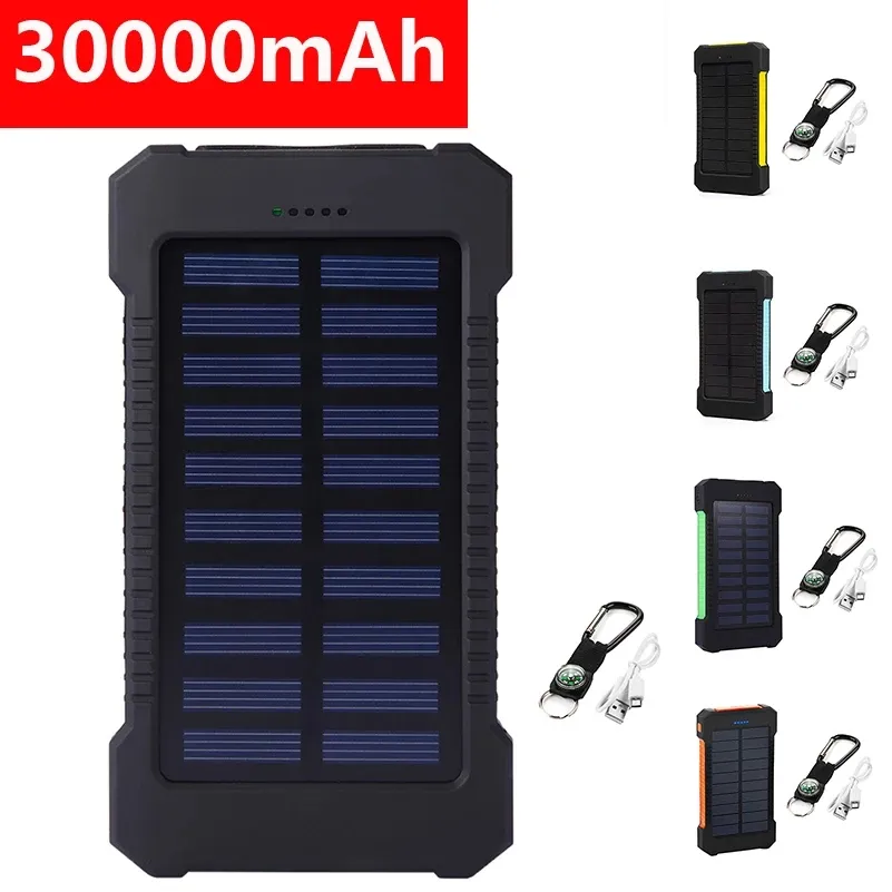 Banca di energia solare portatile 30000mah Batteria esterna impermeabile Caricabatterie di backup Caricabatteria per telefono LED Power Bank