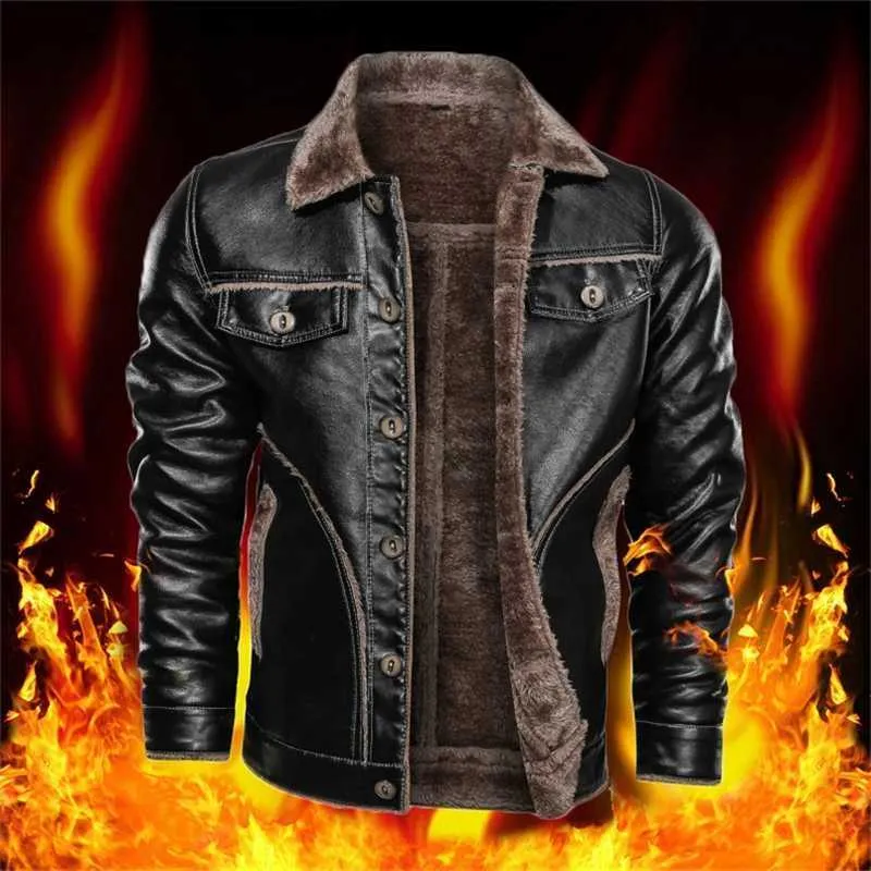 M-8XL Zima Mężczyźni Kurtka Bomber Casual Mężczyźni Grube Polar Retro Tactical Velvet Coat Moda Mężczyzna Futro Wykładane Lapel Motocykl Kurtki 210927