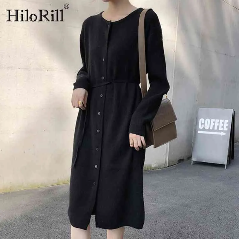 Casual O Neck Knitted Midi Dress Women Long Sleeve Button Up Sweater es Autumn Solid Color Chic With Belt 210508