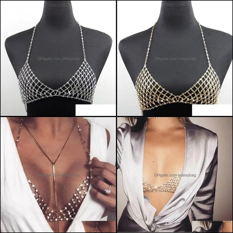 Luxury Women Crystal Rhinestone Mesh Body Bra Bikini Chain Sexy Charm Women Hollow Underwear Body Chest Chain Party Jewelry