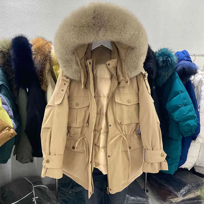 Winter Women 90% White Duck Down Coat Large Natural Fur Hooded Parka Jacket Loose Pockets Thick Snow Outerwear 210423