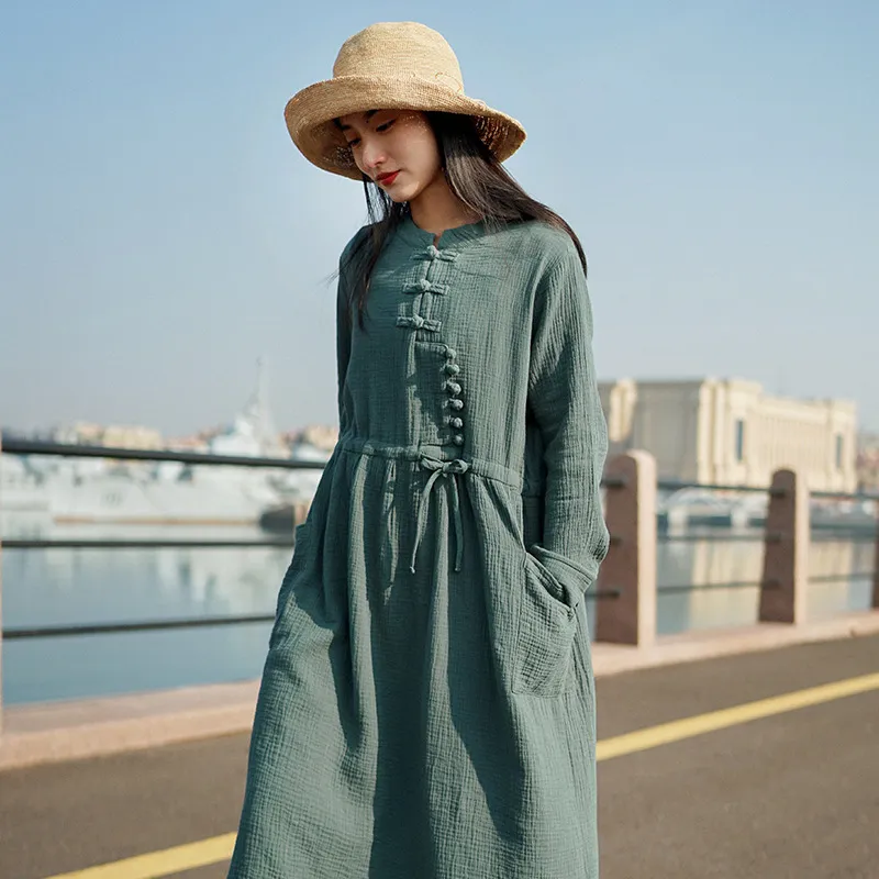 Johnature Women Cotton Dresses Vintage Button Pockets Robes Spring Solid Color Belt Women Casual Cloths Loose Dresses 210521