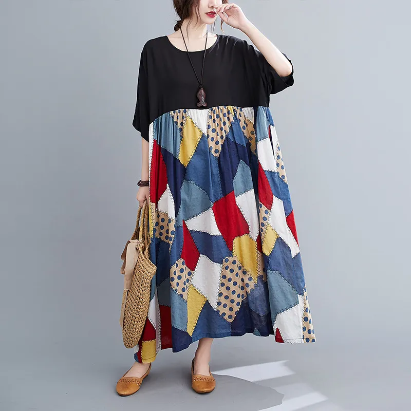 Johnature Kadınlar Patchwork Renk Elbiseler Sonbahar Vintage O-Boyun Yarım Kollu Artı Boyutu Kadın Giysileri Kore Tarzı Elbiseler 210521
