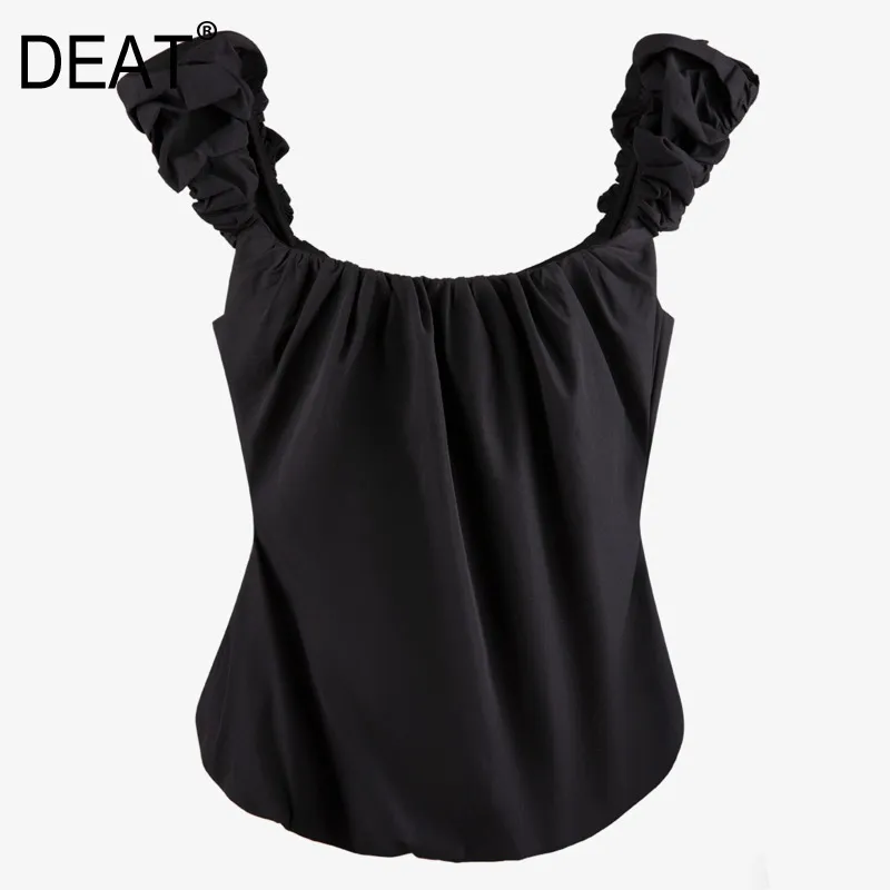 Borda de orelha de madeira plissada preta sólida decorada fora do ombro cintura alta suspensórios de verão roupas para as mulheres gx634 210421