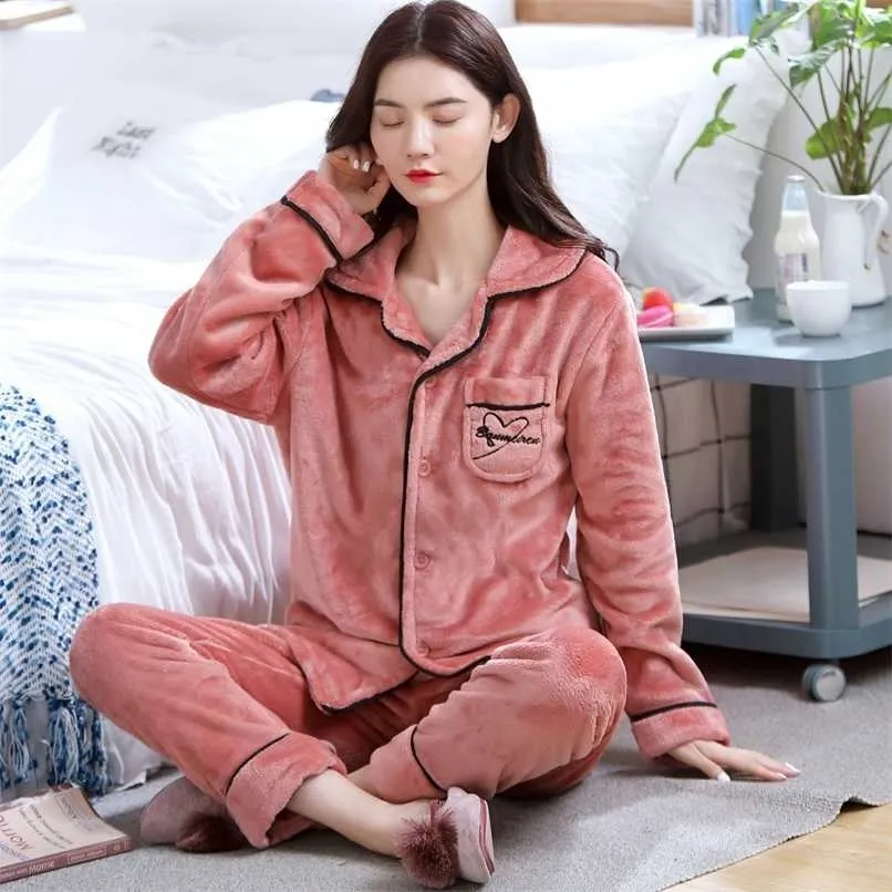 Women Thicken Warm Soft Pajamas Sets Pink Red Fashion Pajamas Long Sleeve Flannel Pyjamas Sets 211112