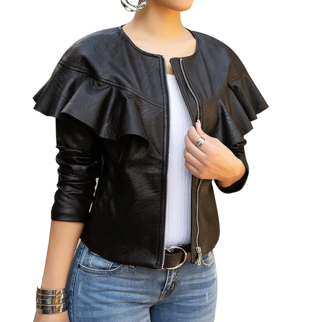 Black Faux Couro Bomber Jaqueta Mulheres Manga Longa Zíper Ruffle Churrascaria Motocicleta Slim Casacos Curtos e Casacos Outerwear