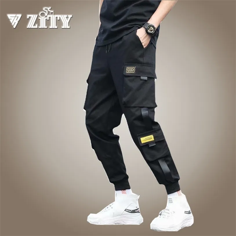 Men's Side Pockets Cargo Pants Ribbons Male Joggers Trousers Streetwear  Pants