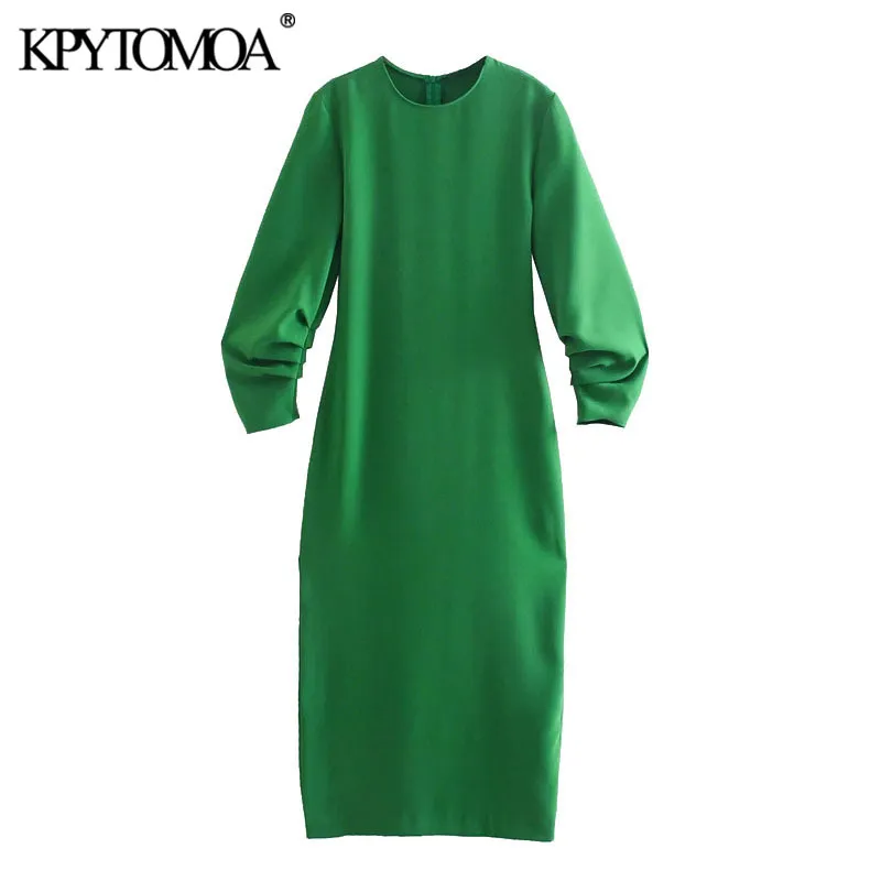 Mulheres chique moda com detalhe recolhido verde midi vestido vintage manga longa volta zíper vestidos femininos vestidos 210416