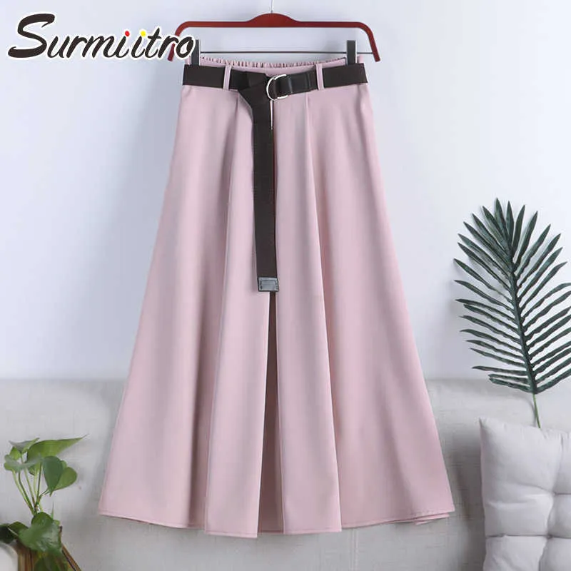 Surmitro bawełna lato midi spódnice kobiety koreański styl różowy estetyczny wysoki talia w połowie długości linia spódnica kobieta z pasem 210712