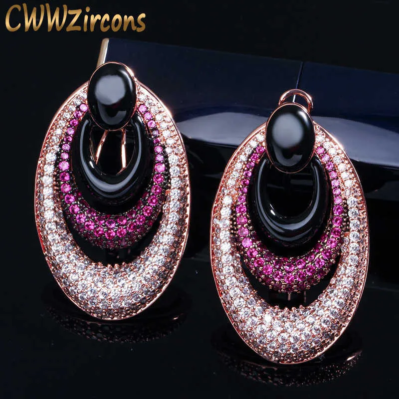 Luxury Brand Design Tiny Red Cubic Zirconia Pave Large Round Black Rose Gold Hoop Earrings Jewelry for Women CZ417 210714