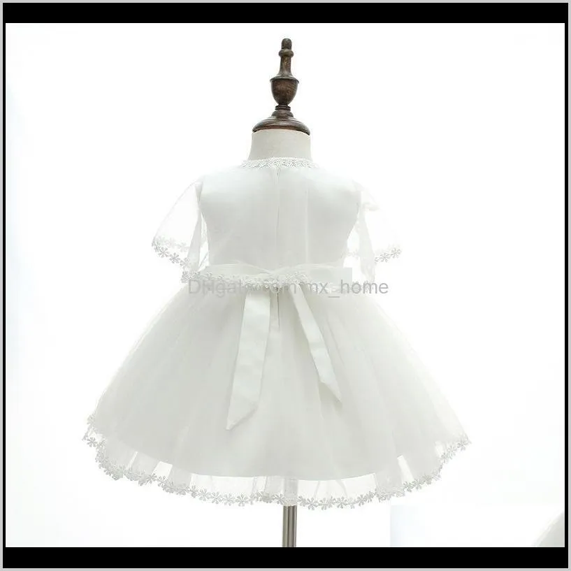 newborn christening gown girls princess dress 0-24m solid cotton back bow strap party tutu dress lace shawl white appliqued hat