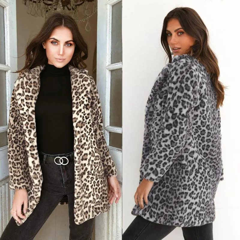 Casaco feminino de pele sintética Kalenmos Outono feminino com estampa de leopardo manga comprida lapela solta cardigan jaqueta feminina de pelúcia para todos os jogos moda quente