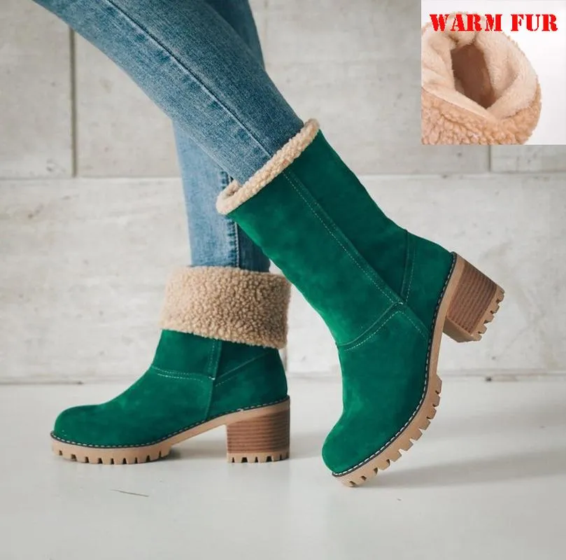 Buty Kobiety Zima Śnieg Kostki Ciepłe Futro Podszewka Gruba Gumowa Platformy Obcasy Slip Outdoor Faux Suede Slim Buty Botas