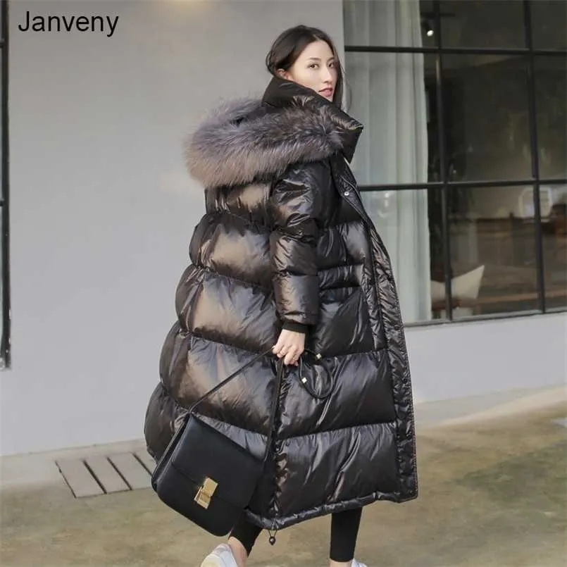 Jejveny Long Down Jacket Women Winter Black Loose Real Raccoon Fur Hooded Fashion Vattentät Kvinna Duck Down Puffer Coat 211221