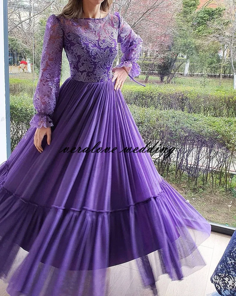 Purple Prom Dress Long Sleeves 2021 Lace Appliques Graduation Evening Party Wear Tulle Beads Girl Homecoming Gowns