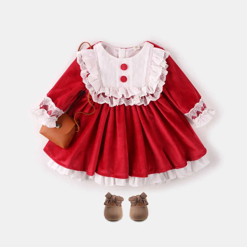 Spanska toddler Baby Girls Red Xmas Klänning för barn Knapp Lolita Barn Ruffles Lace Sweet Vestido Kläder 210529