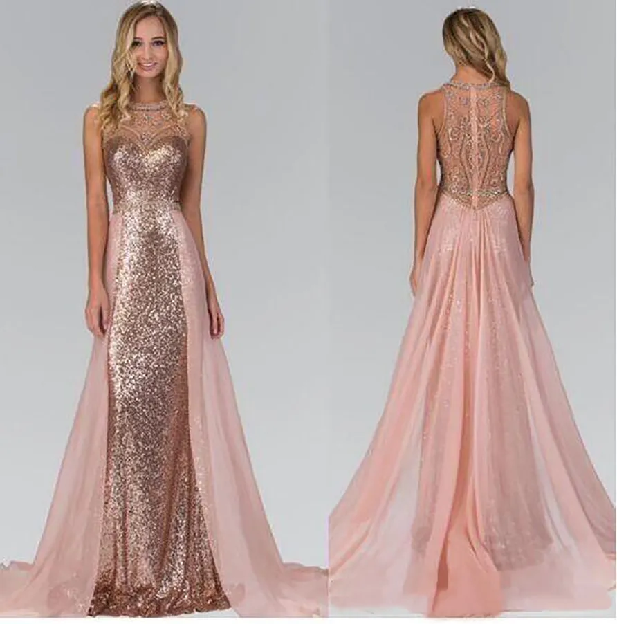 Chic Rose Gold Sequined Bridesmaid Dresses With Overskirt Train Illusion Back Formal Maid Of Honor Wedding Guest Party Evening Gowns