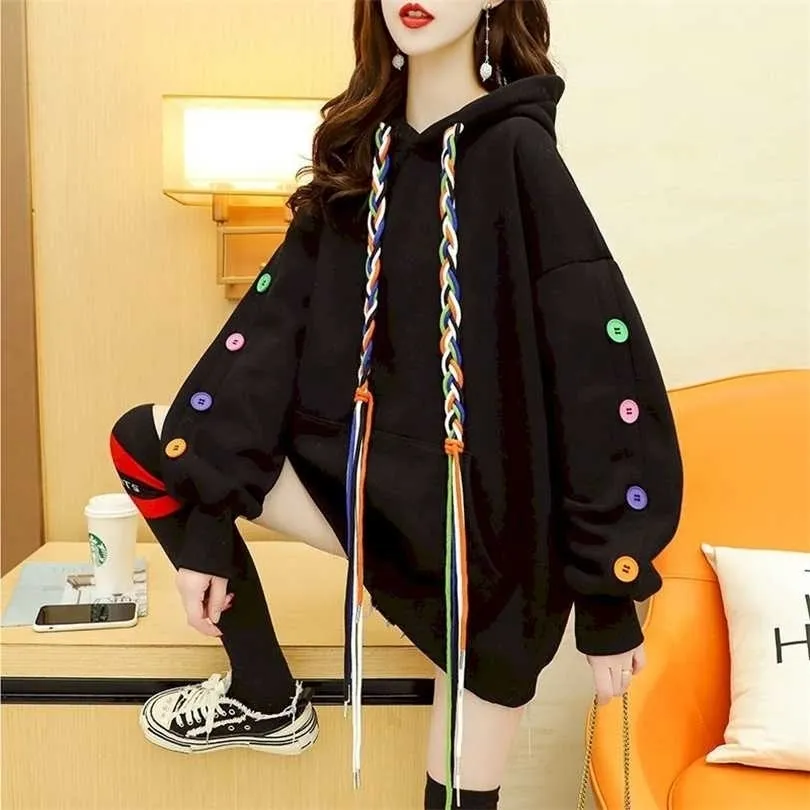 Women's Hoodies Autumn Winter Plus Velvet Thicking Fashion All-Match Lose Large Version Design Sense Niche Jacket 211220