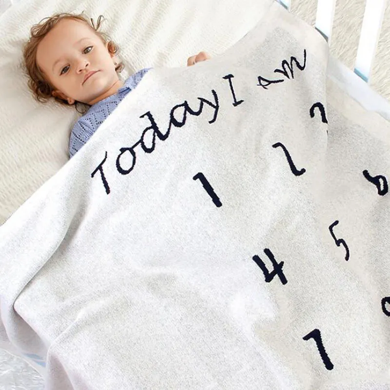 Höst Vinter Spädbarn Baby Boy Girl Milestone Knit Blanket Born Quilt Boys Girls Number Hold 210429