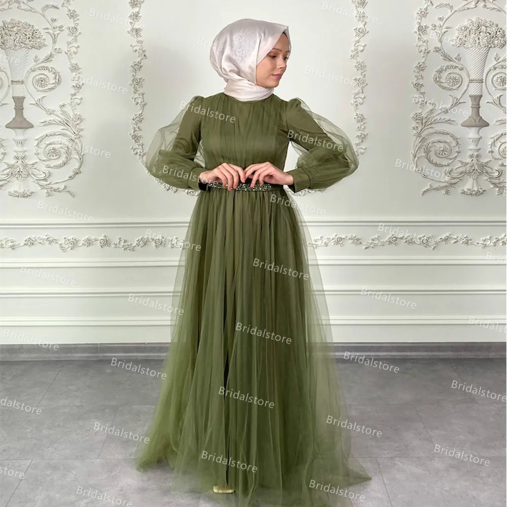 Unique Olive Green Muslim Evening Dresses - A-Line Tulle, Pleated Long  Sleeve with Beaded Belt for Arabic Turkey Party and Prom
