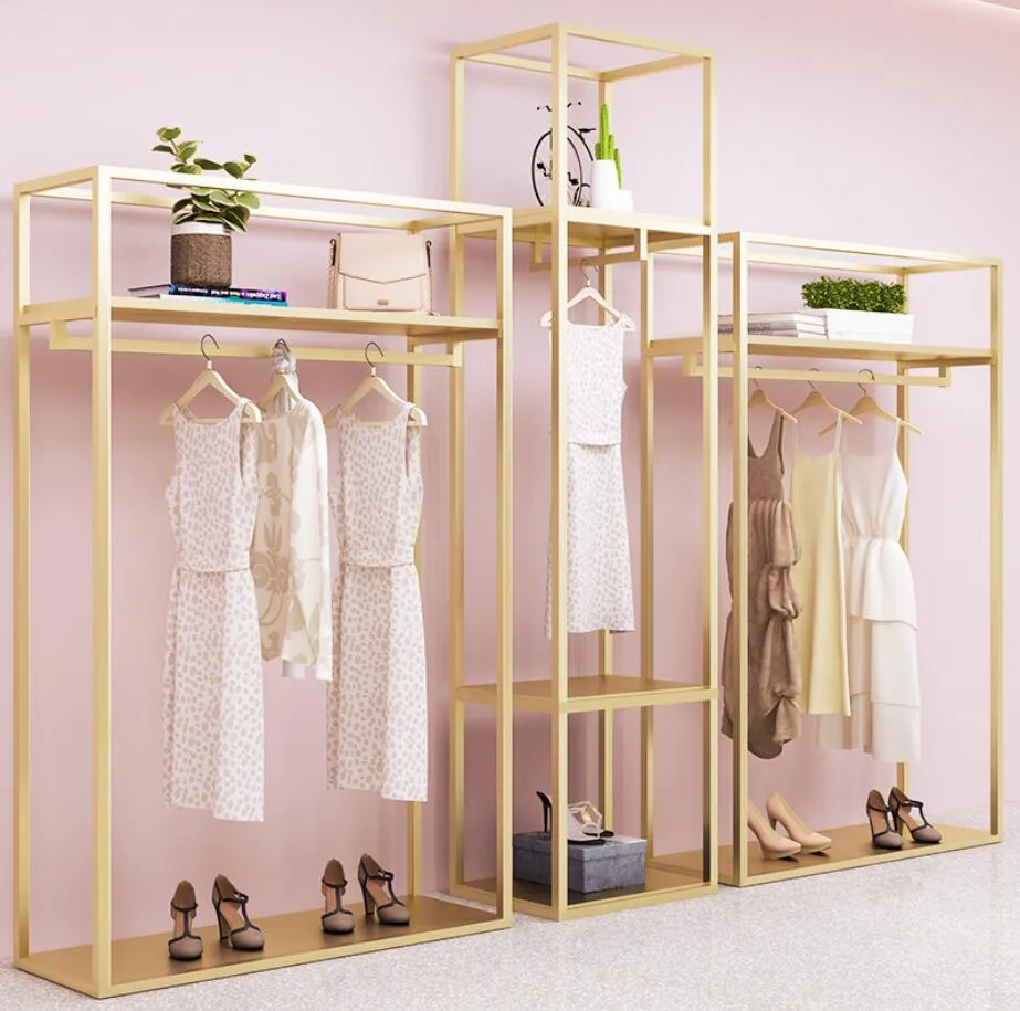 Kleding Winkel Display Rack Commerciële Meubels Goud Kleding Rekken Vloer Type Schoentas Tafel Dubbele Dek Trouwjurk Plaat