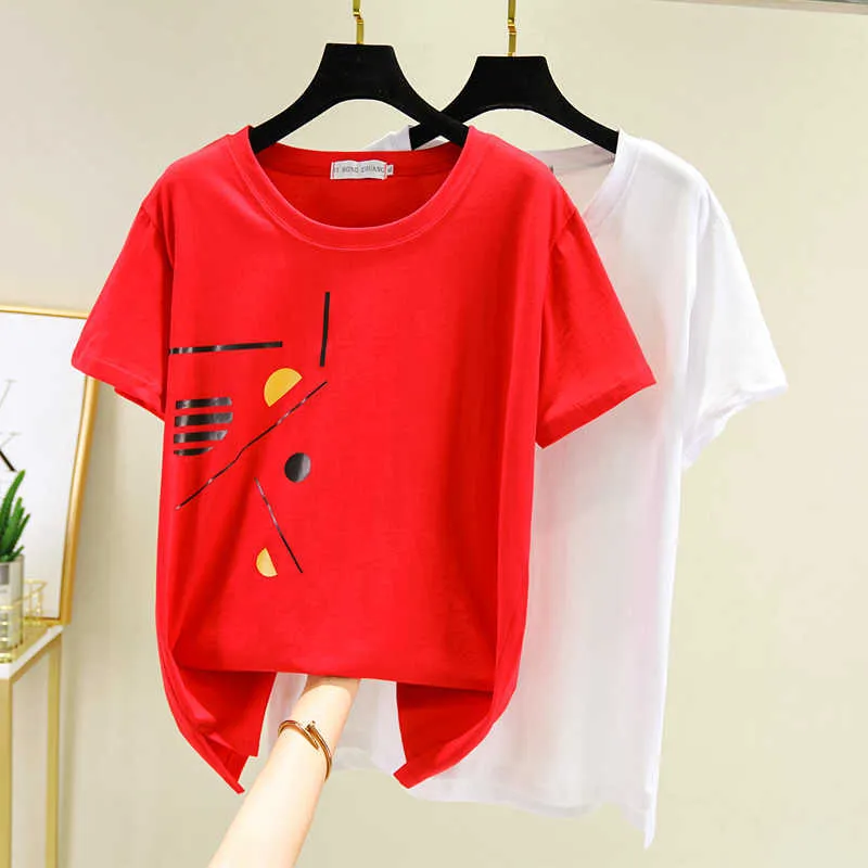 Plus Size Camiseta Mulheres Camisetas Algodão Verão Harajuku Tops T-shirt Mulher Coreana Moda Camiseta Femme Roupas Vermelho 210604