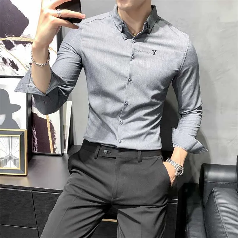 Ricamo Business Casual Camicie Uomo Manica lunga Slim Fit Camicie eleganti Camicie Tinta unita Social Streetwear Top Abbigliamento uomo 210527