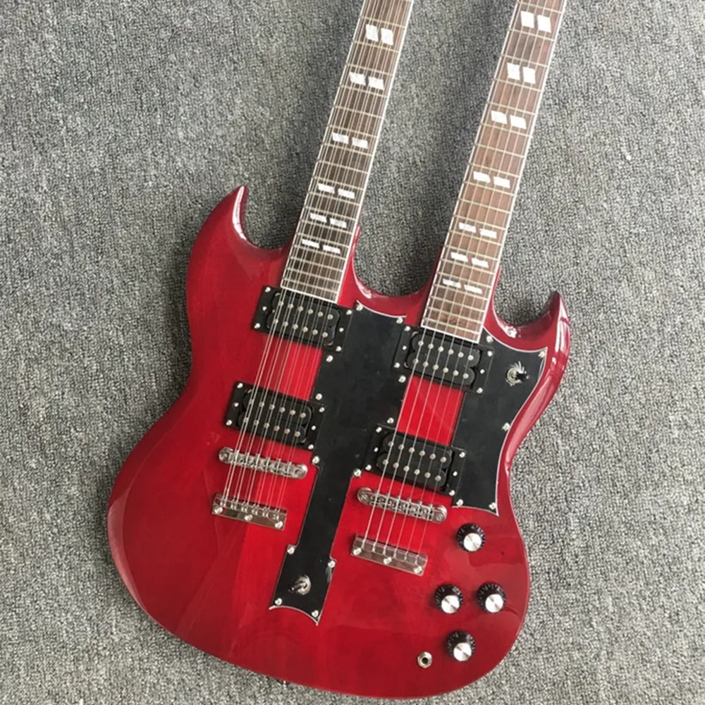 Guitarra eléctrica de doble cuello rojo con fretbook de palisandro, 6 + 12 cuerdas, personalizable