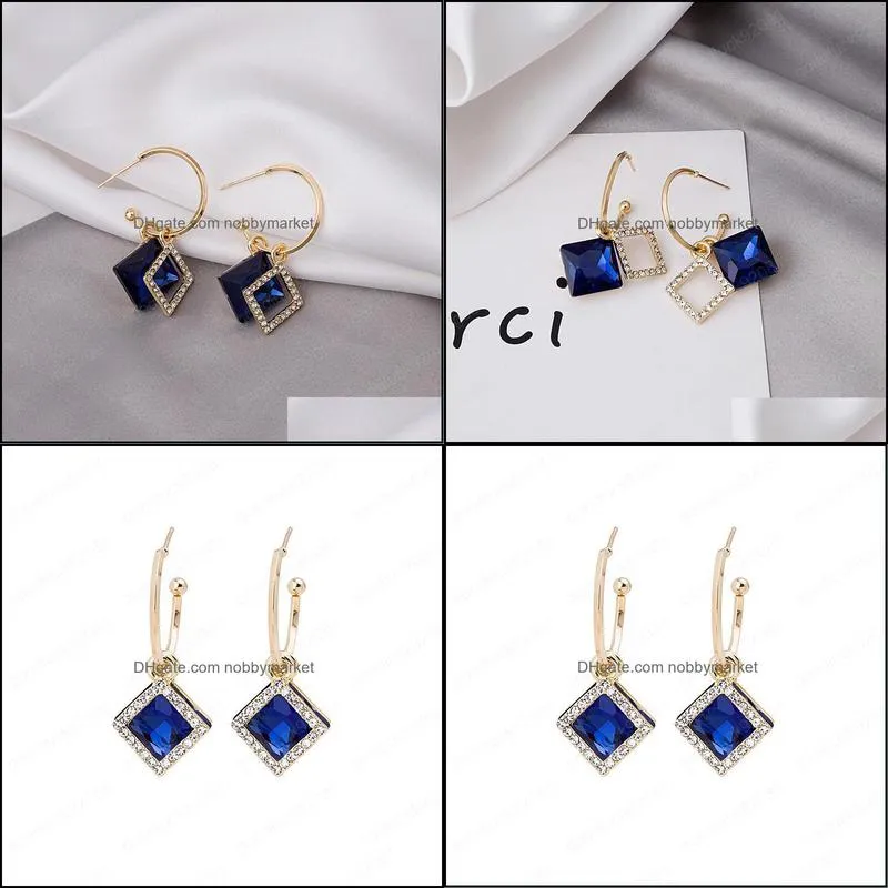 925 silver needle earring Korean temperament super flash diamond square blue crystal earrings thin C-shaped earrings studs for women