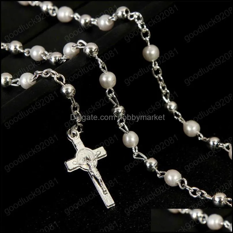 4mm Rosary Stainless Steel Beaded Cross Pendant Chain and Stainless Steel Rosary Jesus Cross Necklace and Pendant Religion