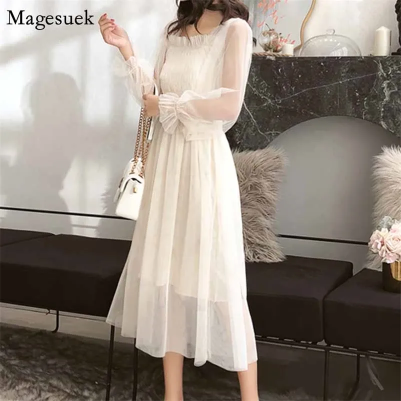 Fashion Woman Long Sleeve with Small Fairy Dress Spring Lace A Word Fresh and Lovely Collar Wome's 1940 210518