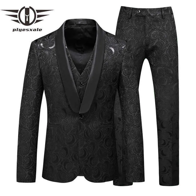 Plyesxale negro Floral Jacquard traje hombres 2020 primavera otoño últimos trajes de boda para novio 5XL tres piezas escenario baile traje Q954 X0909