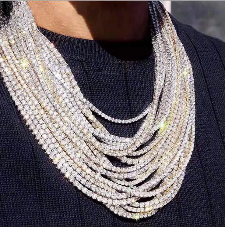 2021 Top Vente Hip Hop Bijoux De Luxe Étincelant Chaînes Glacées Une Rangée Tennis Haute Qualité Or Blanc Remplir Femmes Hommes Collier En Cristal Cadeau