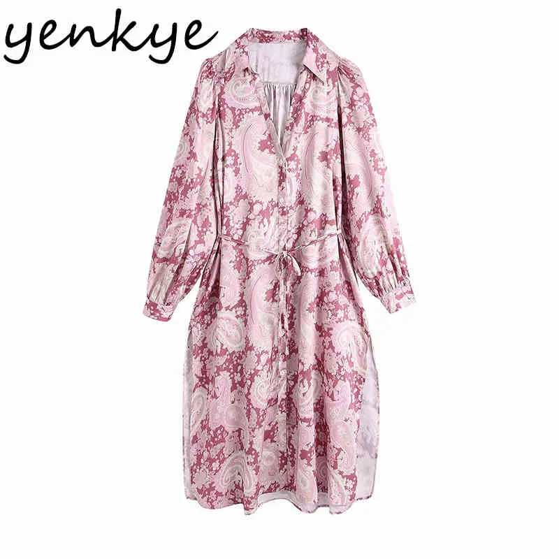 Spring Women Vintage Paisley Print Loose Dress Female Lapel Collar Long Sleeve Sashes Side Slits Casual Plus Size 210430