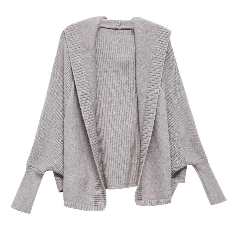 PERHAPS U Women Short Sweater Knitted Hooded Cardigan Open Stitch Batwing Sleeve Solid Khaki Gray Black Outwear M0001 210529