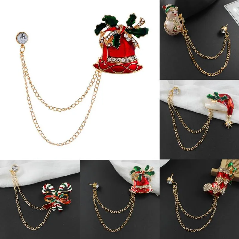 Szpilki, Broszki Exquisite Xmas Brooch Łańcuch Pinów Snowman Pończochy Santa Boże Narodzenie Skarpetki Kapelusz Rhinestone Dla Kobiet Prezent Spille