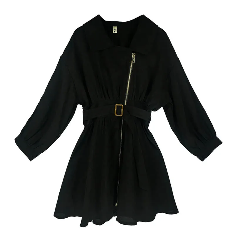 Red Black Cotton And Linen Long Sleeve Zipper Turn Down Collar Sash Mini Dress A-line Short Autumn D0865 210514