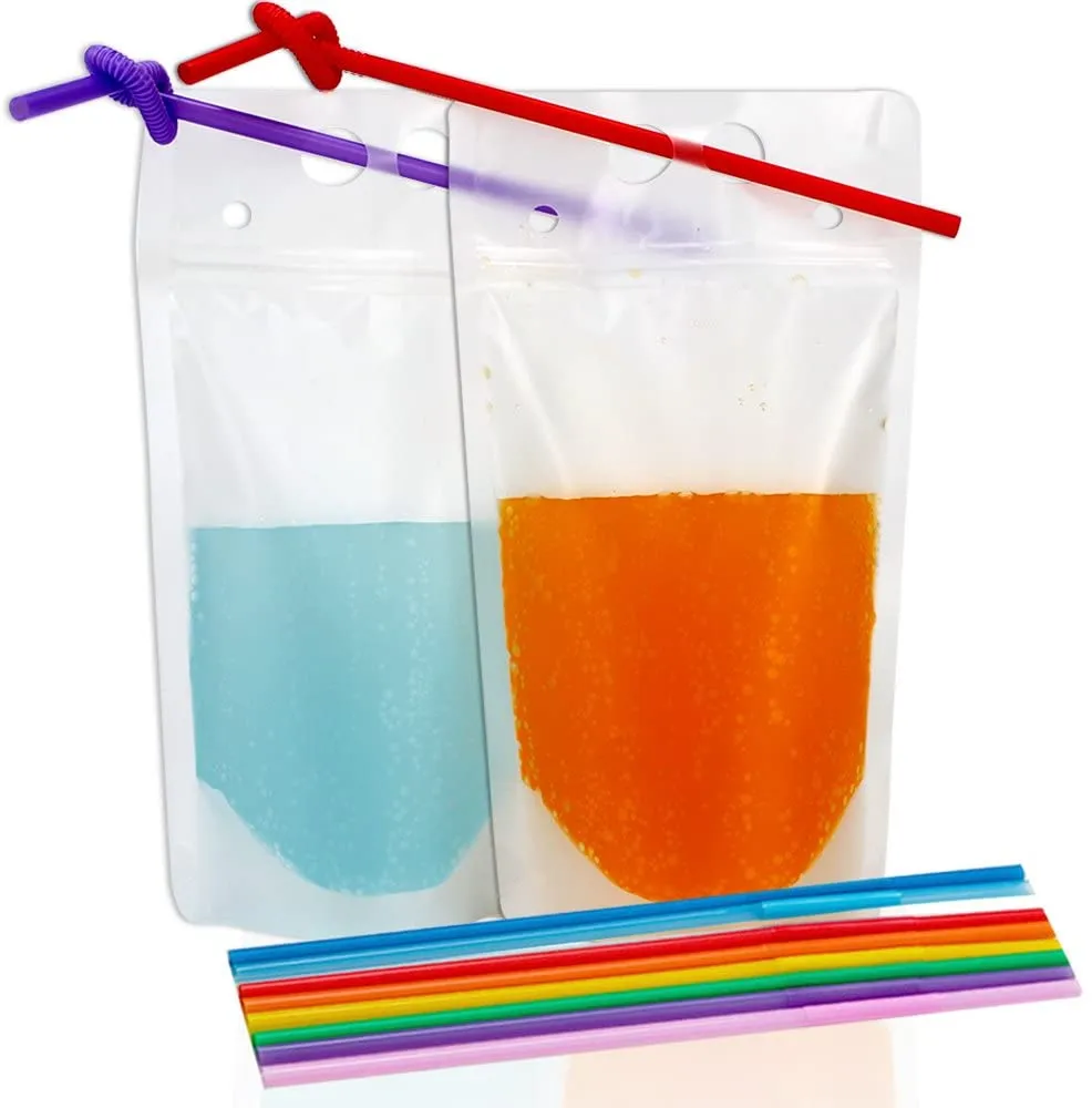 Bolsas para bebidas transparentes, sacos para beber suco, zíper fosco, pacote de smoothies de plástico com canudo