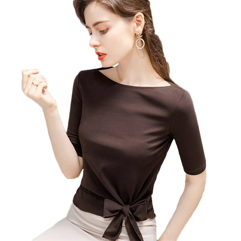 Solid Color T-shirt Women Summer Style Plus Size Half Sleeve Black Hem Bow Tie Strap One-shoulder Top Feminina LR1089 210531