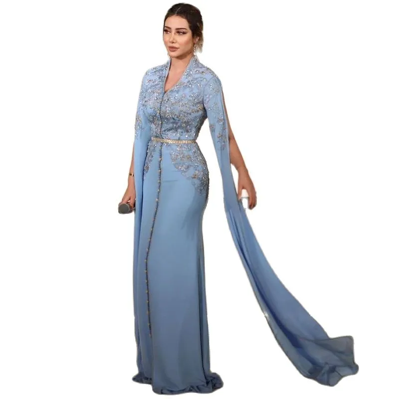 Light Blue Moroccan Caftan Mother Of The Bride Dresses V Neck