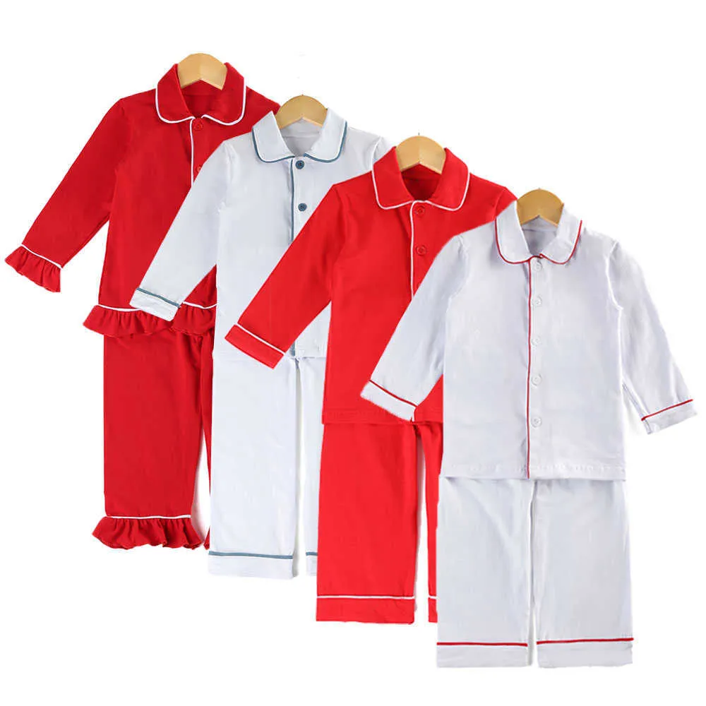 kids pjs girls sleepwear frill pyjamas 100% cotton buttons up solid boys christmas pajamas 210908