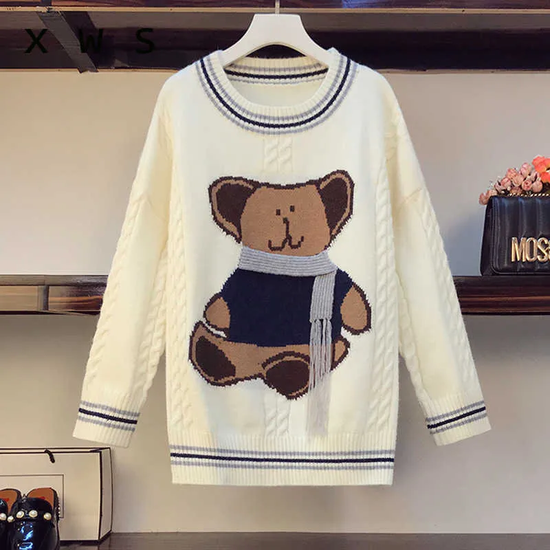 Plus Size Women Herumn Winter Winter Dicker Pullover Pullover Mode Langarm O Hals Cartoon Druck Kint Übergroßes Trikot Mujer 210604