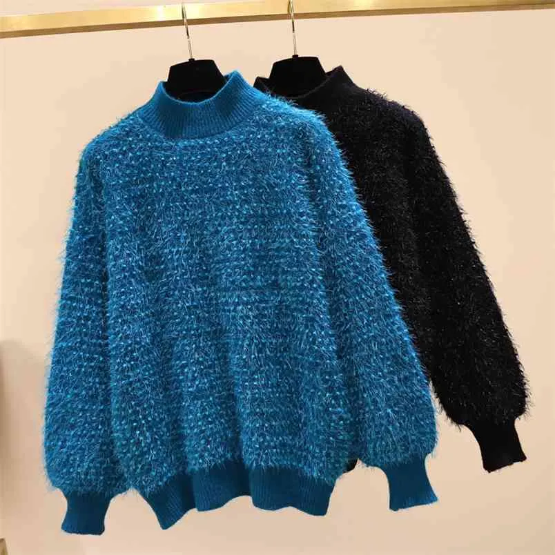 Women Autumn Winter Sweaters Plus Size Turtleneck Casual Japan Style Lazy Outer Wear Plumpy Pullovers Female Tops Blue GX1232 210506